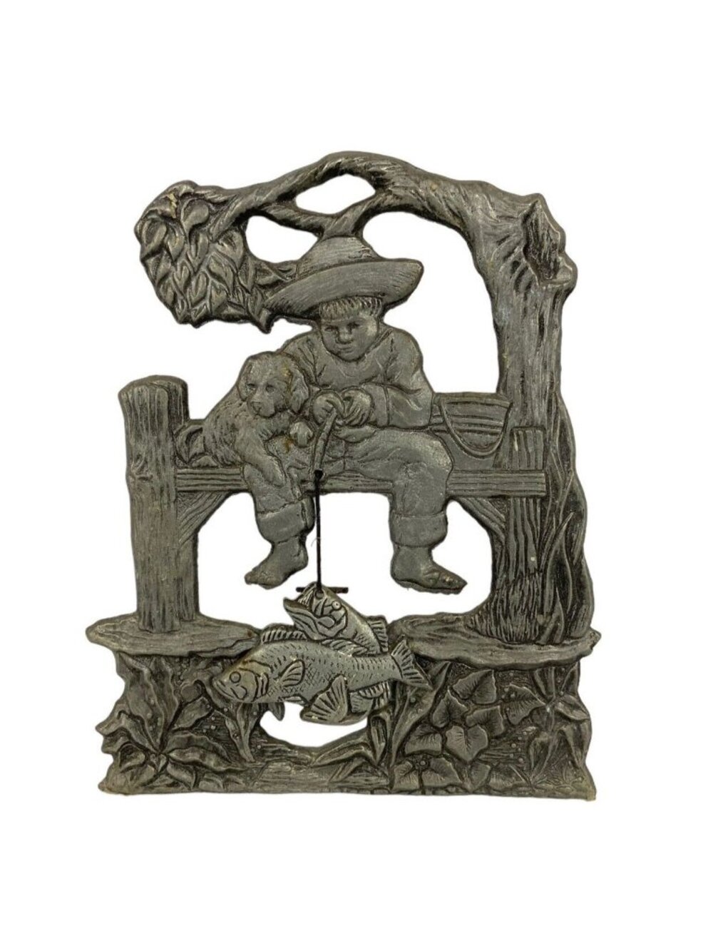 Cast Metal Pewter Fishing Boy & Dog Wall Hanging With Dangle Fish